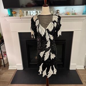 🖤✨ Vintage Lillie Rubin 100% Silk Hand-Beaded Sequin Dress – Size S